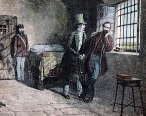 रिसोर्गिमेंटो: "" 1830 में सवोना में कैद इतालवी देशभक्त ग्यूसेप माज़िनी (1805-1872) अपने पिता से मिलता है जो उसे सार्डिनियन राज्यों को छोड़ने के लिए प्रेरित करता है"" जियाकोमो मेंटेगाज़ा द्वारा उत्कीर्णन (1853-1920) 1884 निजी संग्रह