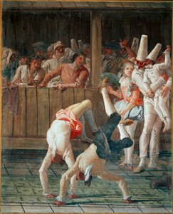 Commedia dell'arte: "" एक्रोबेट्स '(पॉलीचिनेल या पुल्सिनेला और एक्रोबेट्स) जियानडोमेनिको टाईपोलो द्वारा पेंटिंग (1727-1804) 1793 लगभग। रवि। 196x160 सेमी सीए 'रेज़ोनिको, वेनिस