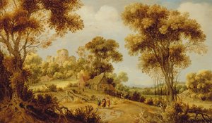 Emmaus के लिए सड़क पर मसीह के साथ एक व्यापक वुड लैंडस्केप, c.1609-29