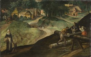 मोस्टर्ट, गिलिस (1534-1598) द्वारा लैंडस्केप विद मेन सॉविंग टिम्बर। लकड़ी पर तेल