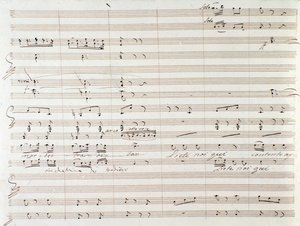 Gioacchino Rossini . द्वारा हस्तलिखित सुधारों के साथ Le Comte Ory के संगीत स्कोर का पृष्ठ द्वारा गियोचिनो रोसिनी