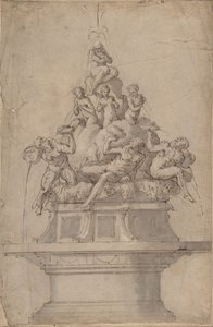 रिवरगोड्स और अप्सराओं के साथ एक फव्वारे के लिए डिजाइन।, 1511-74। द्वारा जियोर्जियो वासरी