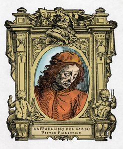 RAFFAELLINO DEL GARBO (Raffaellino de Carli) (1466-1525) इतालवी चित्रकार का पोर्ट्रेट। जियोर्जियो वासर द्वारा "" सबसे उत्कृष्ट चित्रकारों, मूर्तिकारों और वास्तुकारों का जीवन "" (सबसे उत्कृष्ट चित्रकारों, मूर्तिकारों और वास्तुकारों का जी द्वारा जियोर्जियो वासरी