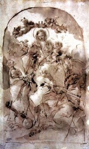 वर्जिन और बाल सेंट डोमिनिक, सेंट थेरेसा और सेंट कोरिबियन के साथ, c.1745 (लाल चाक पर भूरा धो)