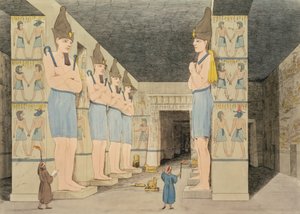 योबोम्बुल, नूबिया में मंदिर के आंतरिक भाग का दृश्य, गियोवन्नी बेलज़ोनी द्वारा खोजा गया, जो कि ऑगस्टीन एग्लियो (1777-1857) प्लेट द्वारा उत्कीर्ण किया गया है, जो मिस्र और नूबिया में `प्लेट्स इलस्ट्रेटिव ऑफ द रिसर्च &39;से प्राप्त हुआ है।