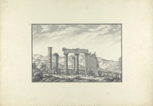 सरदीस में एक ईओण मंदिर के खंडहर का दृश्य, शायद नेपच्यून का मंदिर, c.1750 (कागज पर ग्रे वॉश, पेन और स्याही और पेंसिल) द्वारा जियोवन्नी बतिस्ता बोर्रा