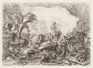Groteschi: खंडहर की मूर्ति के साथ खंडहर और एक गिर स्तंभ, ca. 1745-1750। द्वारा जियोवन्नी बतिस्ता पिरनेसी