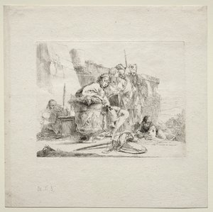 विभिन्न Caprices: द यंग मैन बैठा, लीनिंग अगेंस्ट अ उरन, 1785। द्वारा जियोवन्ती बतिस्ता टाईपोलो
