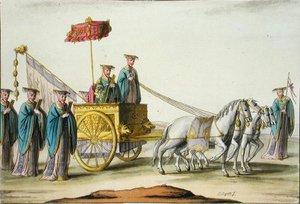अपने कैरिज में एक प्राचीन राजवंश के सम्राट, जूल्स फेरारियो द्वारा 'ले कॉस्ट्यूम एंसीन एट मॉडर्न' से प्लेट 13, प्रकाशित c.1820s-30s (कलर लिथो)
