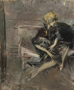 लेडी अपने कुत्ते Marchesa Casati के साथ एक पीले रंग की टोपी में द्वारा जियोवन्नी बोल्डिनी