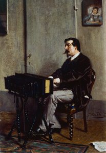 जियोवानी बोल्डिनी (1842-1931) द्वारा हारमोनियम पर पेंटर क्रिस्टियानो बंटी, कैनवास पर तेल, 28x19 सेमी द्वारा जियोवन्नी बोल्डिनी