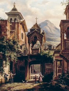 व्यक्तियों के साथ प्राचीन अभय का बाहरी भाग, जियोवानी मिग्लिआरा (1785-1837) द्वारा (हस्ताक्षरित तेओडोलिंडा मिग्लिआरा), बोर्ड पर तेल द्वारा जियोवन्नी मिग्लियारा