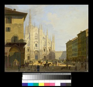 1819-28 मिलान में पियाज़ा दुओमो का दृश्य द्वारा जियोवन्नी मिग्लियारा