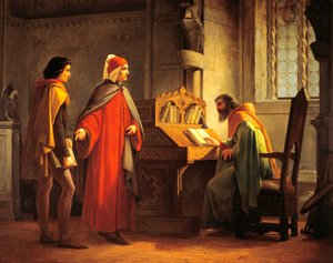 दांते एलघिएरी (1265-1321) गिओटो को गिदो दा पोलेंटा को प्रस्तुत करते हुए, जियोवानी मोची द्वारा (1829-1892), बोर्ड पर तेल