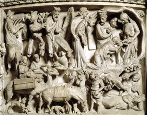जियोवानी पिसानो (1248-1314) द्वारा महसूस की गई कुर्सी की राहत का विवरण: यात्रा और मागी की आराधना (संगमरमर की पल्पिट की राहत का विवरण, यात्रा और मागी की आराधना) 1302-1311 कैथेड्रेल ऑफ पीसा (डुओमो डि पीसा), इटली द्वारा जियोवन्नी पिसानो