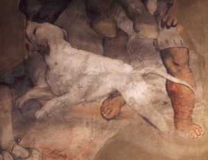 कुत्ते का चित्र, गिरोलामो रोमानिनो (ca1484-1566), सेंट'एंटोनियो (सेंट एंथोनी) चर्च, ब्रेनो, इटली द्वारा फ्रेस्को से विस्तार द्वारा गिरोलामो रोमनो