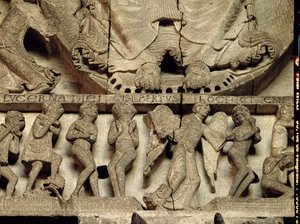 अंतिम जजमेंट का चित्रण करने वाला पश्चिम पोर्टल टेंपंम: क्रिसिस्ट पैर का विस्तार, एक परी और मुर्दाघर, c.1130-35 सेंटीमीटर