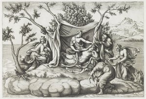 डायना मंटोवाना (b.1535) द्वारा उत्कीर्ण लाटोना गिविंग अपोलो एंड डायना को जन्म, 1575 के बाद (उत्कीर्णन) द्वारा जिओलिओ (बाद) रोमानो
