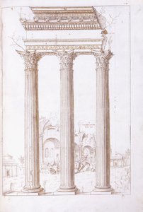 कास्टर और पोलक्स के मंदिर के स्तंभ, पृष्ठभूमि में शांति के मंदिर के साथ, c.1550 (काले चाक, कलम और भूरे रंग की स्याही में एक मूल चित्र) द्वारा Giulio (सर्कल ऑफ) रोमानो