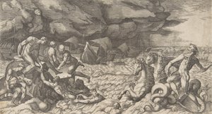 1531-76 में एनीस के बेड़े के खिलाफ उठाए गए टेम्पेस्ट एओलस को शांत करते हुए नेप्च्यून। द्वारा गिउलिओ बोनासोन