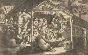 चरवाहों की आराधना, क्राइस्ट चाइल्ड के आसपास के विभिन्न आंकड़े ..., 1531-76। द्वारा गिउलिओ बोनासोन
