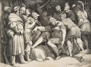 1531-76 के आंकड़ों से घिरे केंद्र में घायल सैनिक स्किपियो। द्वारा गिउलिओ बोनासोन