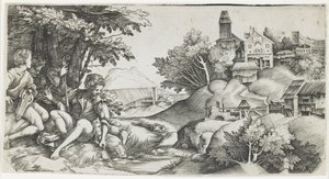 एक लैंडस्केप में चरवाहों, सी। 1517-1518 द्वारा Giulio Campagnola