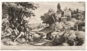 एक लैंडस्केप में चरवाहों, सी। 1517। द्वारा Giulio Campagnola