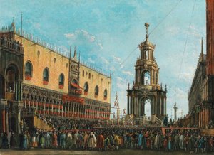 1830 के दशक में वेनिस में डुकल पैलेस के सामने जियोवेदी ग्रासो महोत्सव।