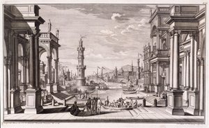 1740 में प्रकाशित &39;आर्किटेक्चर थियेट्रैलिस प्राइमरियस&39; से बारोक शैली के स्तंभों के साथ छोटा बंदरगाह द्वारा ग्यूसेप बीबी