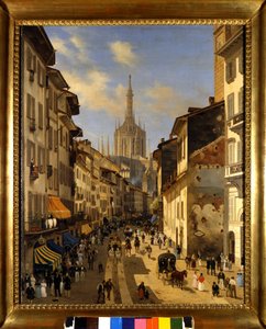 मिलान में Corsia dei Servi (वर्तमान Corso Vittorio Emanuele) का दृश्य। Giuseppe Canella (1788-1847) 1834 मिलान द्वारा पेंटिंग, मिलान का संग्रहालय