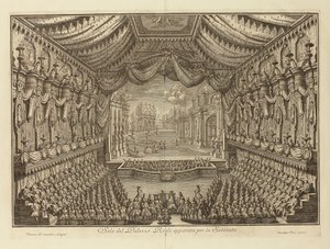 नेपल्स पार वासी के रॉयल पैलेस में ला सेरेनाटा का प्रदर्शन, ग्यूसेप (1710-1782)। कॉपर उत्कीर्णन, आकार: 41.5x62