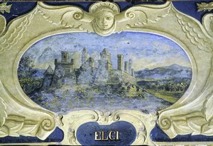 Elci, Conte Pannochieschi d'Elci (फ्रेस्को) के स्वामित्व वाले आवासों की छवियों को दर्शाने वाले कार्टूच की एक श्रृंखला से द्वारा Giusto Utens