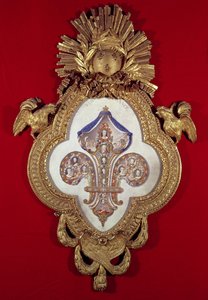 फ़्लूर डी फ्रांस, लुइस XV (1710-74) के तेरह चित्रों के साथ वंशावली वृक्ष और एक बेगुर-डी-लिस के आकार के फ्रेम में उनके वंशज, 1765 (सोने का तामचीनी)