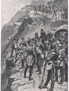 द रिट्रीट टू कोरुना: द हर्लिंग डाउन द माउंटेनसाइड, &39;ब्रिटिश बैटल ऑन लैंड एंड सी&39; का चित्रण, कैसेल, लंदन द्वारा प्रकाशित, c.1910 द्वारा गॉर्डन फ्रेडरिक ब्राउन