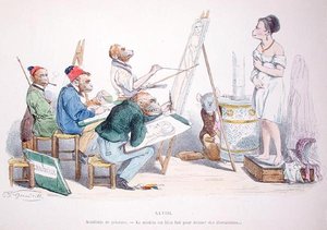 1854 में पुनर्मुद्रित 'लेस मेटामोर्फोसेस डू जर्स' श्रृंखला से कैरिकेचर, 'मॉडल पूरी तरह से व्याकुलता प्रदान करने के लिए बनाया गया है' (रंगीन उत्कीर्णन) द्वारा ग्रैंडविल