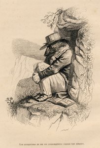 वुल्फ अपने चिंतनशील एकांत में पीछे हट जाता है। जे जे ग्रानविले द्वारा सचित्र विगनेट्स। "जानवरों के निजी और सार्वजनिक जीवन के दृश्य" में एल. बौड द्वारा लिखित "पहाड़ से लिखे गए भालू या पत्र" नामक भाग में हस्ताक्षरित कैक को उत्कीर्ण करना।  द्वारा ग्रैंडविल