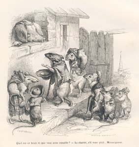 सुअर को दान करने वाला चूहा। जे जे ग्रानविले द्वारा सचित्र विगनेट्स। उत्कीर्णन ने "जानवरों के निजी और सार्वजनिक जीवन के दृश्य" में एडौर्ड लेमोइन द्वारा लिखित "द फिलॉस्फर चूहा" नामक भाग में एंड्रयू, बेस्ट और लेलोइर पर हस्ताक्षर किए। पेरिस द्वारा ग्रैंडविल