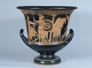 एटिक रेड-फिगर kalyx krater जिसमें एक होपलाइट को युद्ध (सिरेमिक) के लिए छोड़ते हुए दिखाया गया है (223268 देखें)