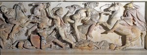 ग्रीक कला: "" सिकंदर महान का ताबूत (356-323 ईसा पूर्व)"" यूनानियों और फारसियों के बीच 333 ईसा पूर्व में इस्सोस की लड़ाई का प्रतिनिधित्व करने वाली राहत का दृश्य। सिडोन के फेनिशियन क़ब्रिस्तान से। चौथी शताब्दी ईसा पूर्व। मंद। 195 x 318 x1 द्वारा यूनानी