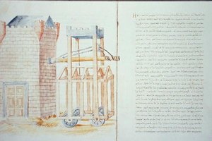 सुश्री हंटर 220 f.4v, 5r बैटरिंग रैम, 'डी मैकिनिस, एथेनियस ऑफ नौक्रेटिस' से (कागज पर स्याही) द्वारा ग्रीक स्कूल