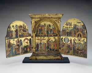 लाजर का उदय; यरूशलेम में प्रवेश; क्रूसीफिक्सन; ईसा मसीह का वंश नरक में (केंद्रीय पैनल), 16 वीं शताब्दी के उत्तरार्ध में (लकड़ी पर सोने की पत्ती के साथ तापमान) द्वारा ग्रीक स्कूल