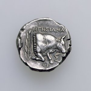 समोस, इओनिया का टेट्राद्र्चम, एक बैल का चित्रण करता है, c.390 ईसा पूर्व (रिवर्स) (चांदी) (मोटापे के लिए 168076 देखें) द्वारा ग्रीक स्कूल