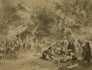 द हंट ऑफ मिंगरेलिया, काकेशस पर एक किताब से प्लेट 6, Adolphe Mouilleron (1820-81) द्वारा उत्कीर्ण अल्फ्रेड लियोन लेमरसीर, पेरिस, 1847 द्वारा ग्रिगोरी ग्रिगोरेविच गगारिन