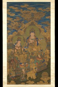 बोधिसत्व गुयेनिन के दो संस्करण, c.1750 (रेशम पर स्याही और रंग) द्वारा गुआनपेंग (बाद) बात