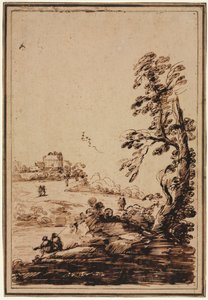 इमारतों के छोटे समूह के साथ लैंडस्केप, दूसरी छमाही 1700s। द्वारा ग्वेर्सिनो