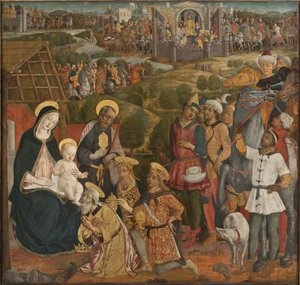 L'adoration des mages - The Adoration of the Magi, Cozzarelli द्वारा, Guidoccio di Giovanni (1450-1517)। कैनवास पर तापमान और तेल। आयाम: 168x176 सेमी। राष्ट्रीय संग्रहालय स्टॉकहोम द्वारा गाईडोकियो डि गियोवानो कोजेरेली