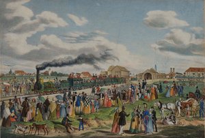 1 सितंबर, 1839, 1839 को म्यूनिख-ऑग्सबर्ग रेलवे का उद्घाटन। द्वारा गुस्ताव क्रॉसो