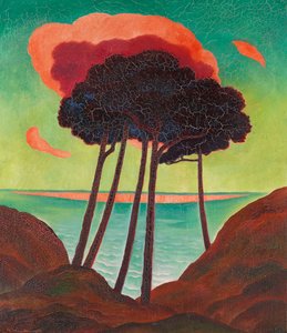 लाल बादल के साथ चीड़ के पेड़, c. 1909.