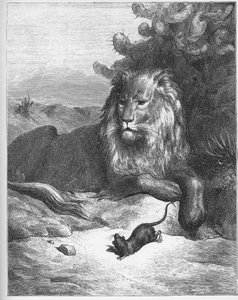 ले लायन एट ले रैट - द लायन एंड द माउस - जीन डे ला फोंटेन (लाफोंटेन) (1621-95) द्वारा 'फेबल्स' से - गुस्ताव डोर (1832-83) के बाद उत्कीर्णन - निजी संग्रह